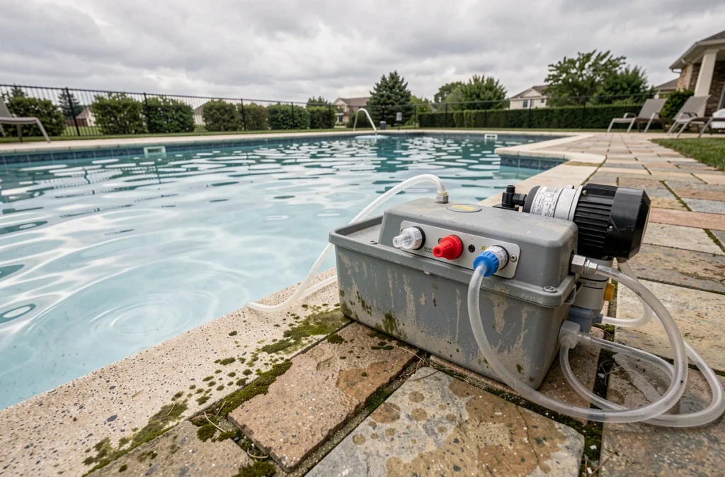 Système automatisé de traitement de l'eau installé au bord d'une piscine résidentielle extérieure