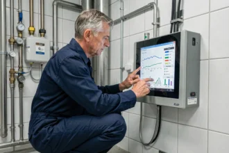 Technicien réglant un panneau de contrôle automatisé pour le traitement de l'eau dans une salle technique industrielle