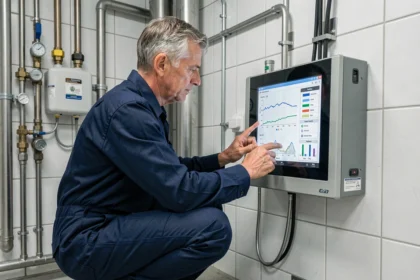 Technicien réglant un panneau de contrôle automatisé pour le traitement de l'eau dans une salle technique industrielle