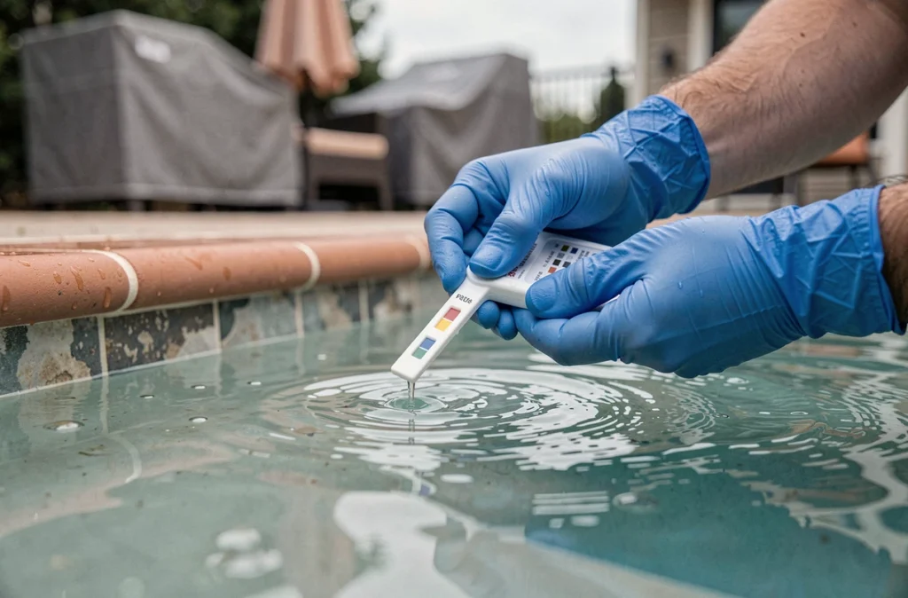 Test de l'eau d'une piscine avec un kit d'analyse avant hivernage complet