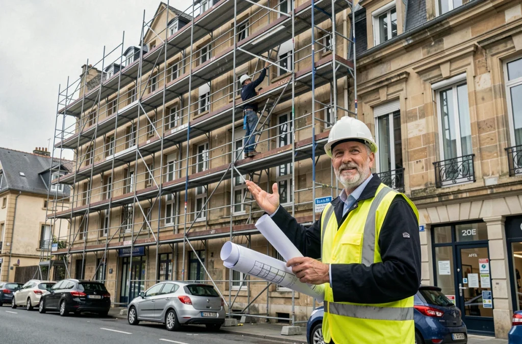 Chef de projet AFR Bat supervisant un chantier de ravalement complet d'un immeuble résidentiel