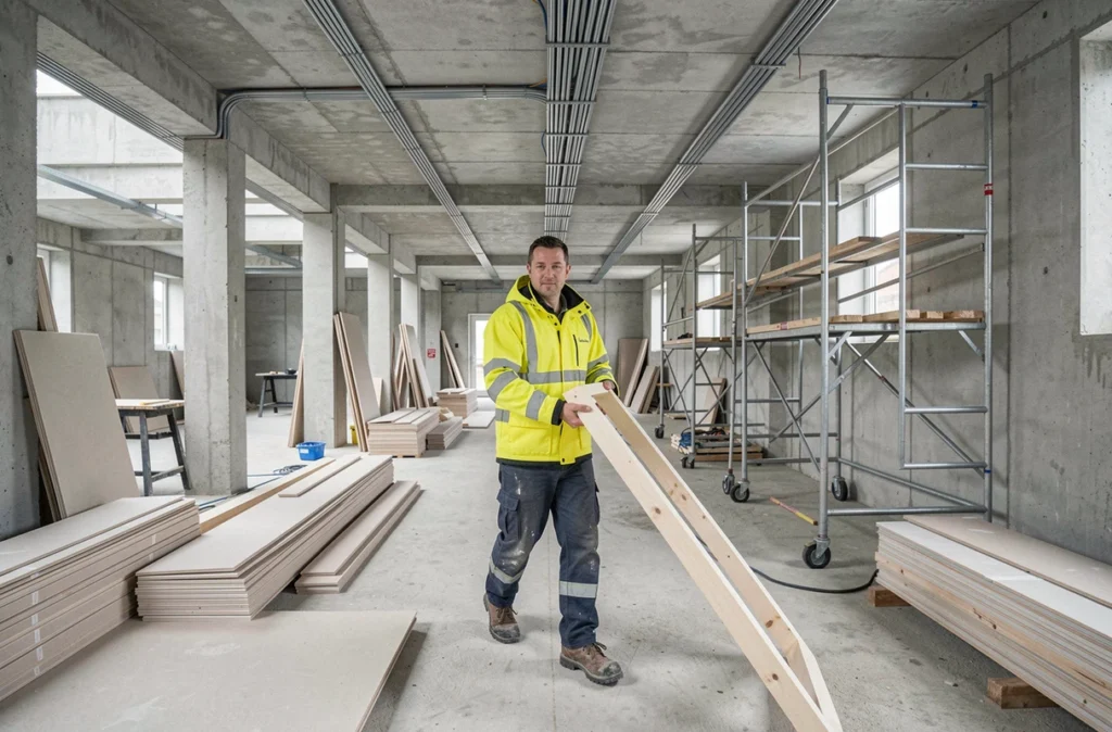 Ouvrier du second œuvre portant une cloison préfabriquée sur un chantier de construction à Ifs près de Caen