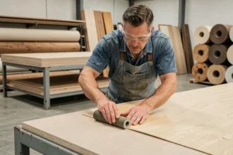 Artisan industriel appliquant une feuille de placage bois sur un panneau MDF dans un atelier de fabrication