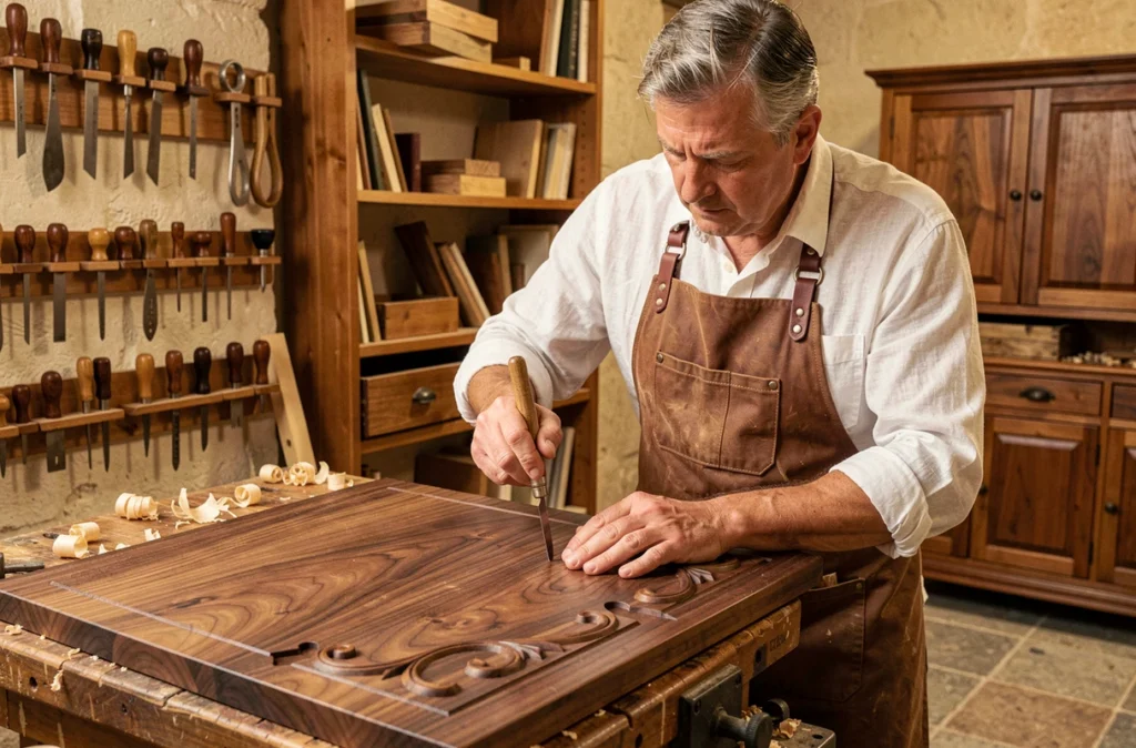 Ébéniste travaillant à la main un panneau en noyer massif dans un atelier de menuiserie et ébénisterie artisanale à Caen