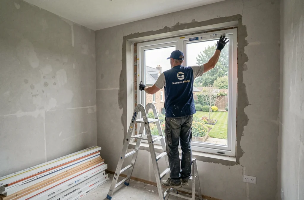 Installateur posant une fenêtre PVC double vitrage dans une maison en rénovation en Normandie