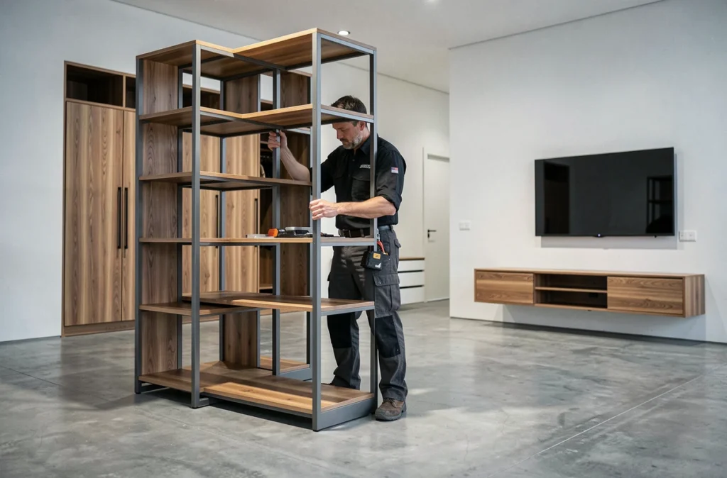 Pose d'un meuble sur mesure dans un showroom d'agencement intérieur, illustrant le savoir-faire en mobilier personnalisé