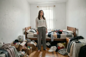Femme debout dans une chambre encombrée avant l'installation d'un placard sur mesure