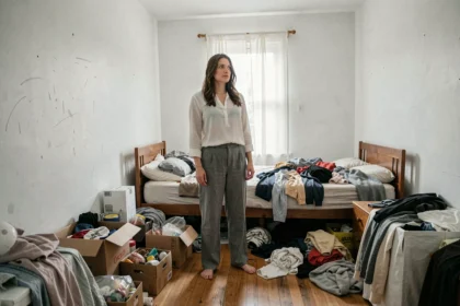 Femme debout dans une chambre encombrée avant l'installation d'un placard sur mesure