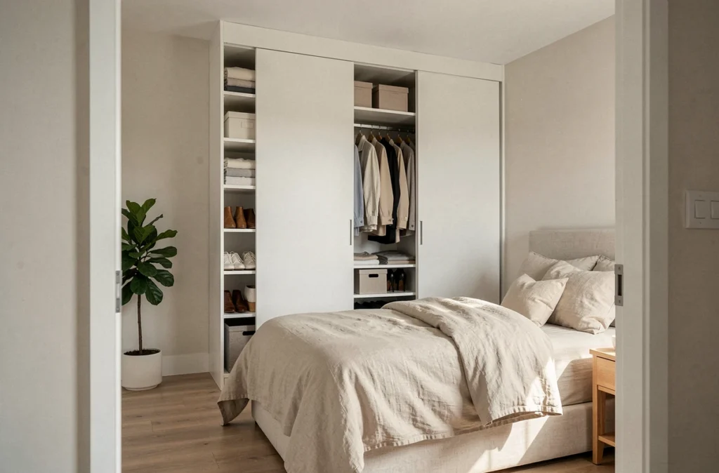 Chambre parfaitement rangée après transformation grâce à un placard intégré sur mesure