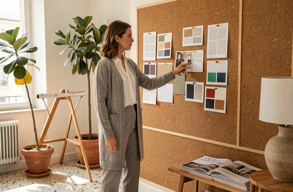 Clara Orsat, architecte d'intérieur marseillaise, présentant une planche tendance avec des matières et palettes de couleurs dans un atelier ensoleillé