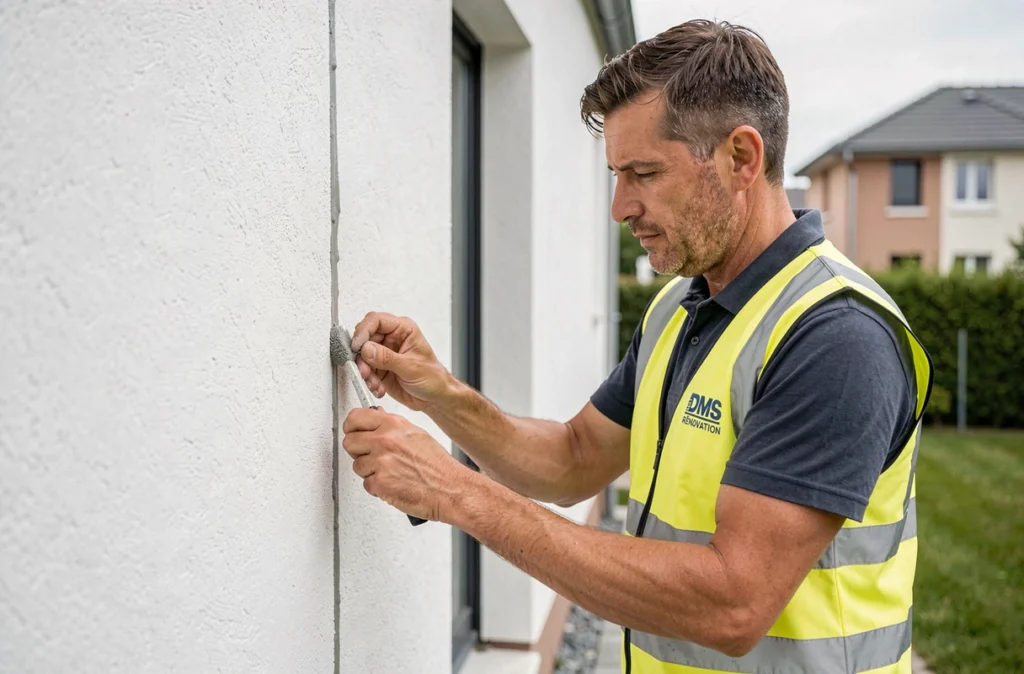 Spécialiste DMS Rénovation appliquant un joint d'étanchéité sur une façade enduite moderne