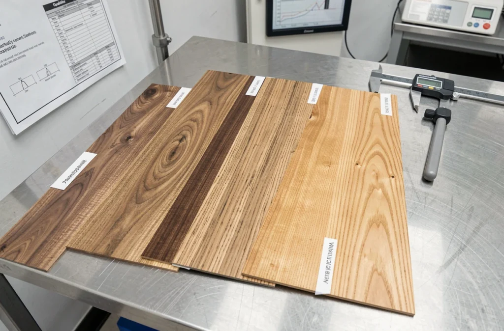 Échantillons de placage bois en noyer, chêne et érable alignés sur une table de contrôle qualité en acier inoxydable