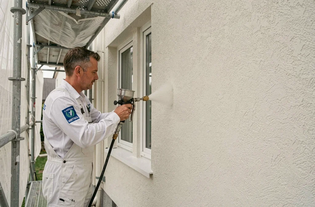 Applicateur exclusif Vertikal appliquant un enduit texturé sur une façade résidentielle pour Façades du Lys