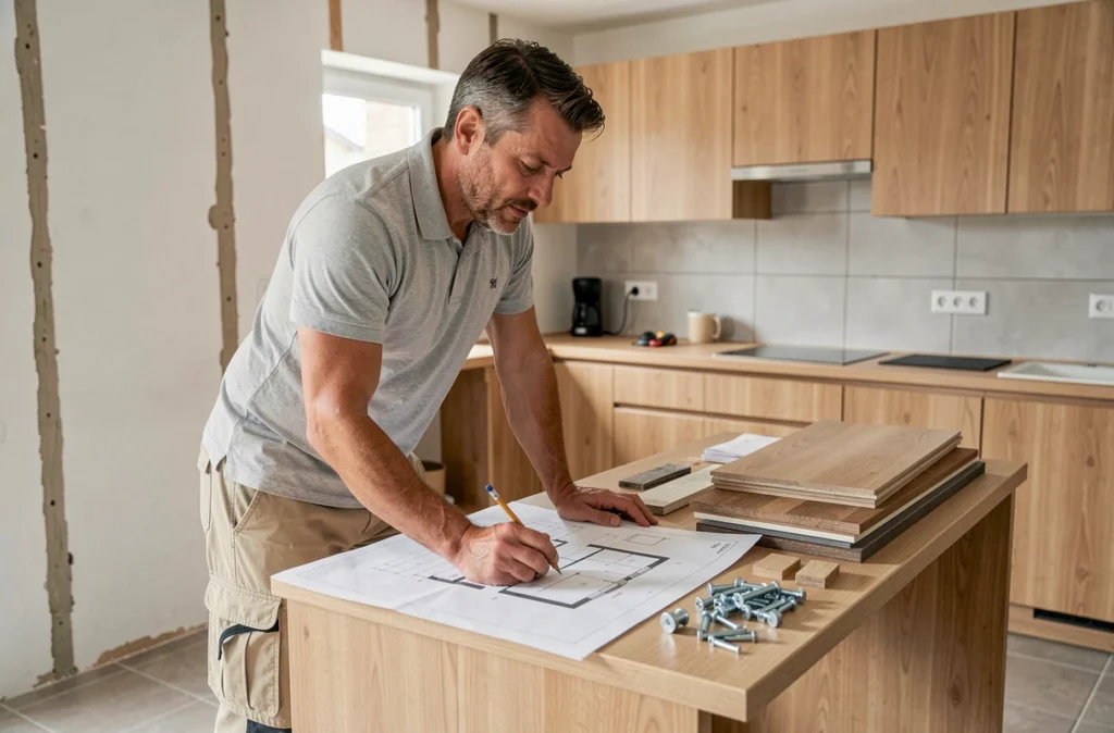 Spécialiste de l'habitat et de la menuiserie consultant des plans dans un appartement rénové à Caen