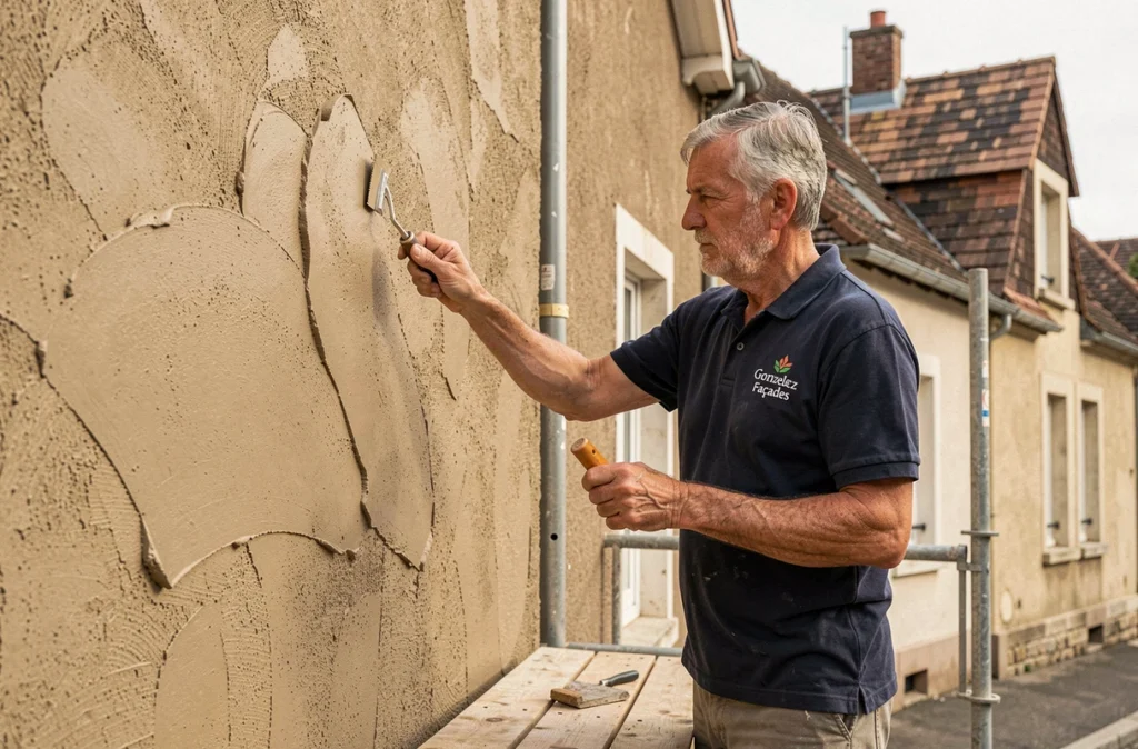 Artisan Gonzalez Façades réalisant un enduit taloché traditionnel sur une façade ancienne