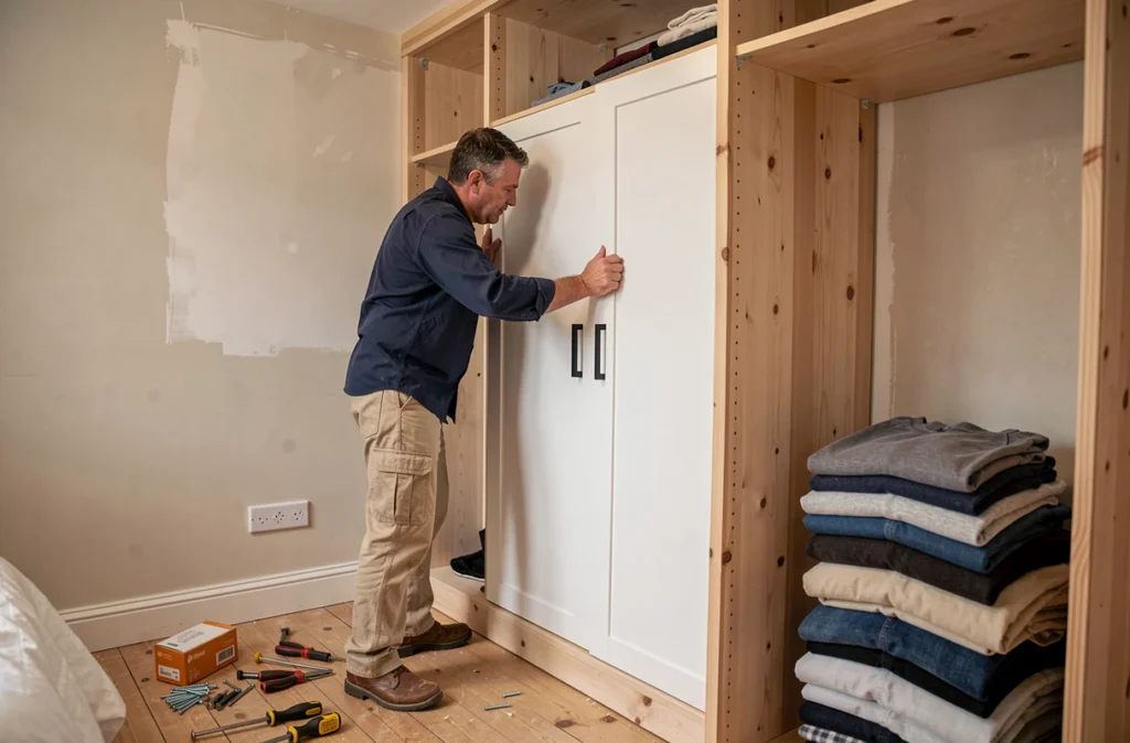 Homme en train d'installer un placard sur mesure dans une petite chambre en cours d'aménagement