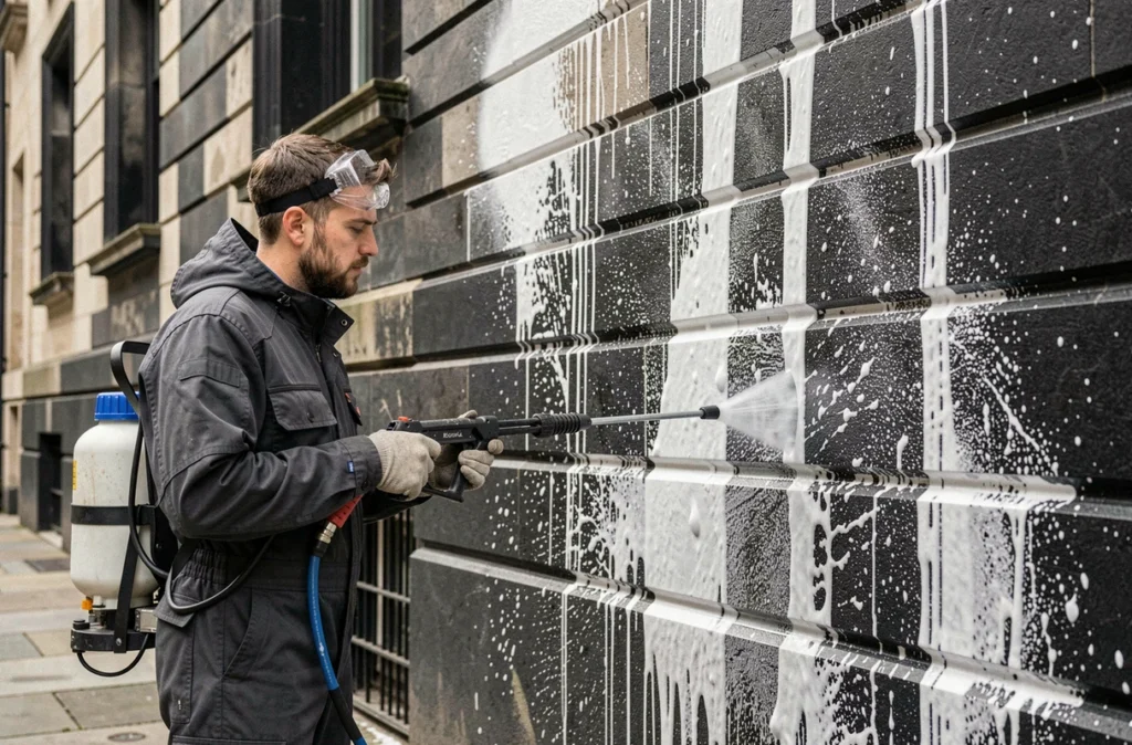 Technicien Iso Clean effectuant un nettoyage haute pression sur une façade en pierre ancienne