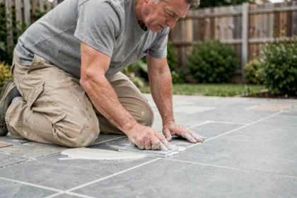 Artisan appliquant du joint de carrelage extérieur sur une terrasse en carreaux de grès cérame avec une taloche en caoutchouc