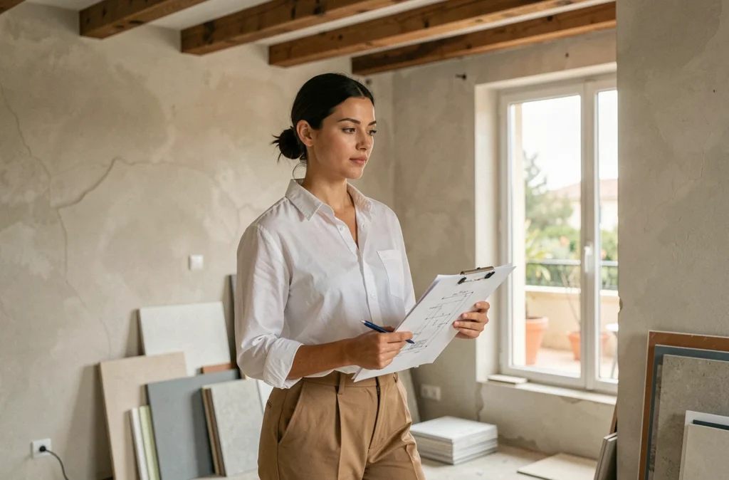 Julie Le Goff, architecte d'intérieur marseillaise, supervisant un chantier de rénovation dans un appartement haussmannien avec clipboard et plans techniques