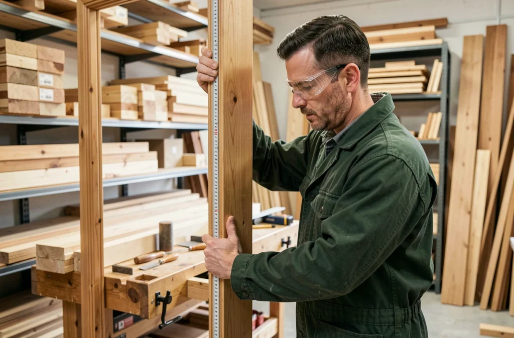 Menuisier polyvalent mesurant un cadre de porte en bois dans un atelier de menuiserie et agencement dans le Calvados