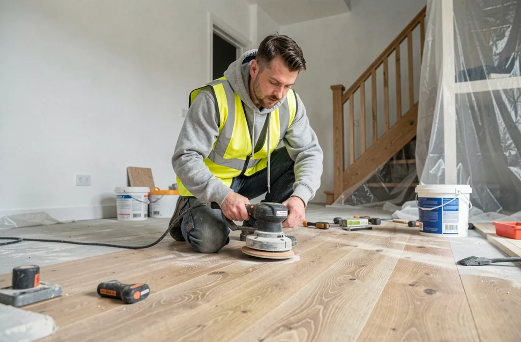 Menuisier ponçant un parquet en chêne dans un appartement en cours de rénovation intérieure à Caen