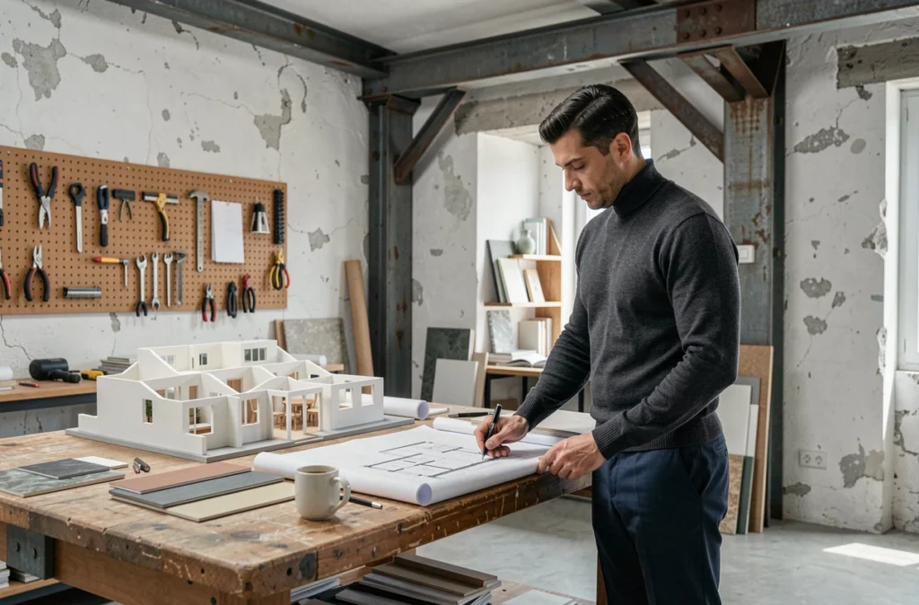 Romain Dillemann de LLOAP Architecte d'intérieur étudiant des plans architecturaux dans un loft industriel marseillais avec poutrelles métalliques apparentes