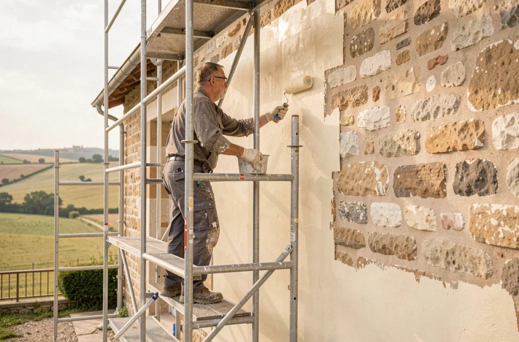 Peintre en façade de Lopes Ravalement appliquant de la peinture extérieure sur une maison en pierre