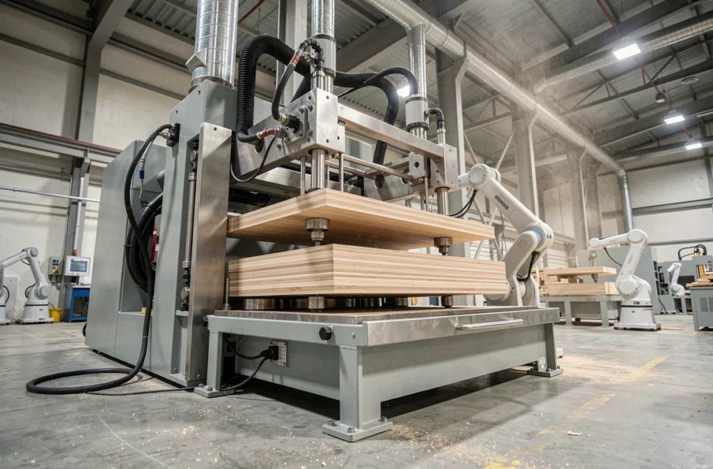 Machine industrielle automatisée de pressage sous vide pour la fabrication de panneaux en placage bois dans une usine moderne