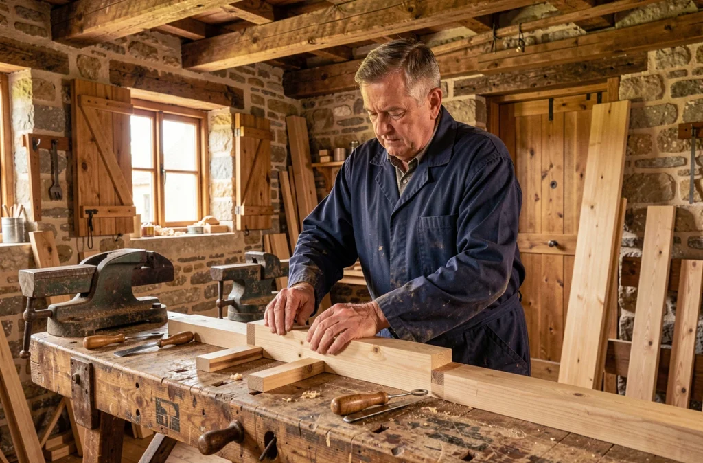 Artisan menuisier assemblant un tenon-mortaise à la main dans un atelier de menuiserie traditionnelle en pierre dans le Calvados