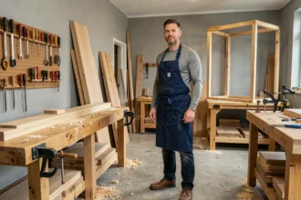 Atelier de menuiserie artisanale dans le Calvados avec un menuisier au travail entouré de panneaux de bois et d'outils