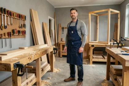 Atelier de menuiserie artisanale dans le Calvados avec un menuisier au travail entouré de panneaux de bois et d'outils