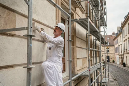 Ouvrier qualifié effectuant un ravalement de façade sur un bâtiment classique en Seine-et-Marne