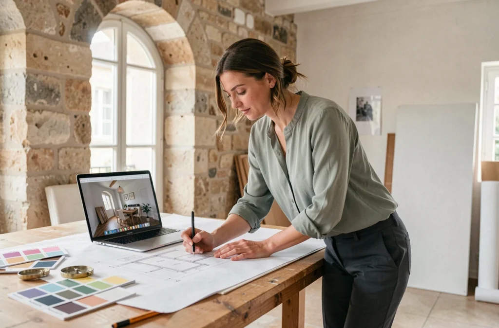 Sarah Forgues-Besson de Sarah Archi'In dessinant des plans d'architecture intérieure dans un studio provençal aux murs en pierre apparente