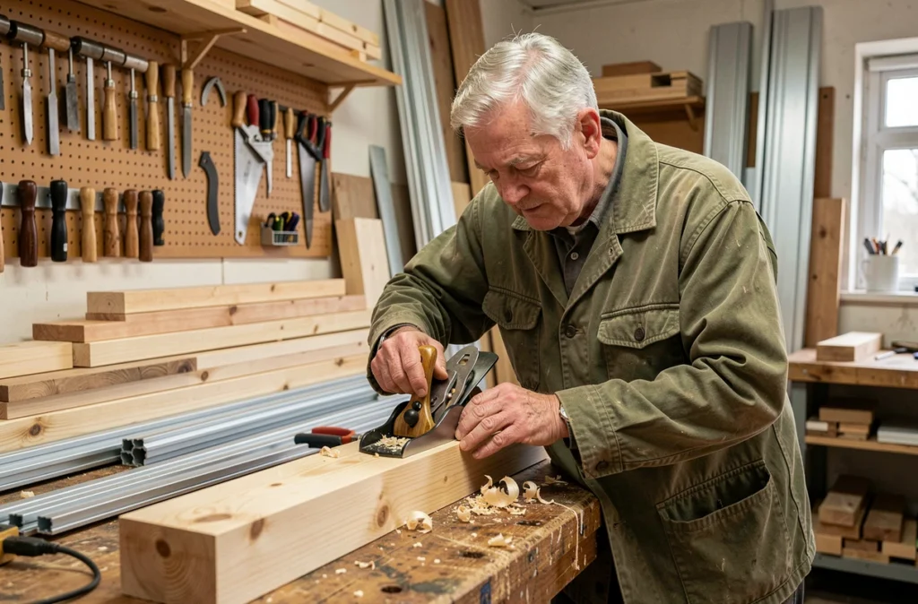 Artisan menuisier rabot à la main un madrier en pin dans un atelier de menuiserie bois, PVC et aluminium