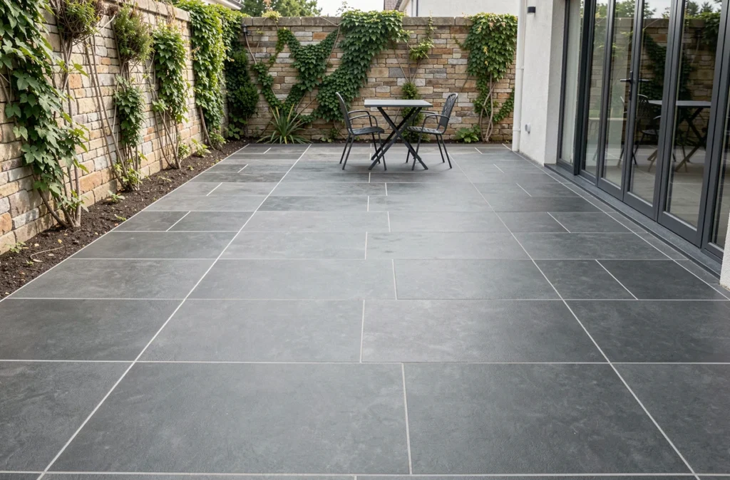 Terrasse extérieure en carrelage anthracite avec des joints parfaitement finis et réguliers après jointoiement professionnel