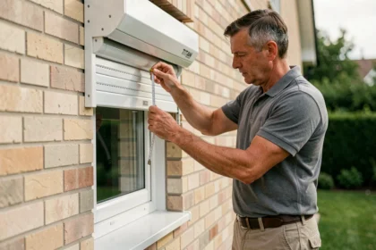 Technicien mesurant un coffret TITAN pour volet roulant sur façade extérieure d'une maison moderne